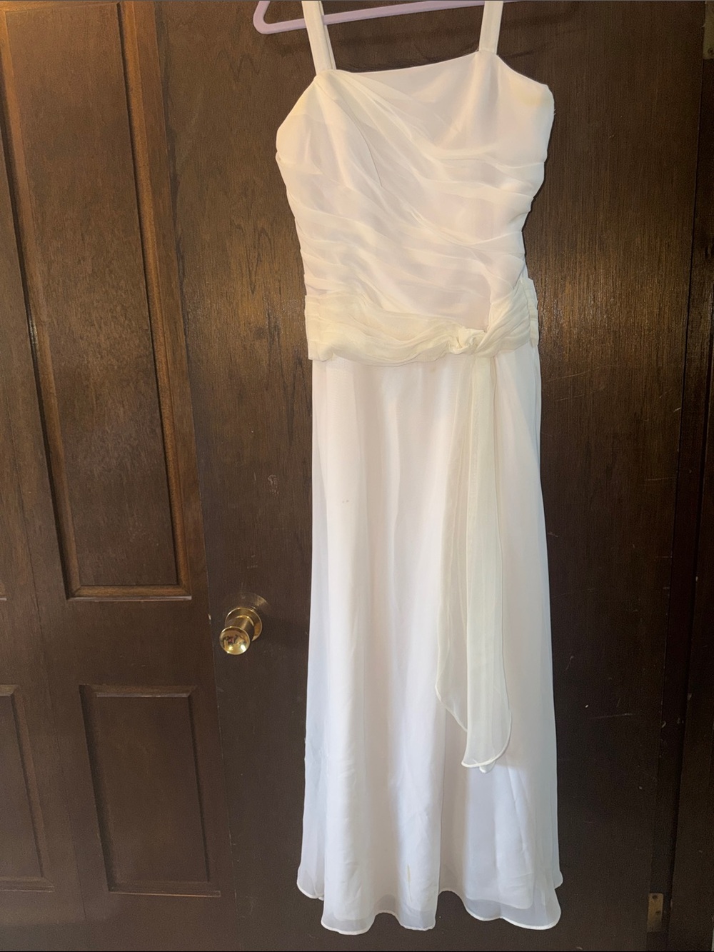 Ivory Chiffon Spaghetti-Strap Wedding Gown with Draped Waist Sash